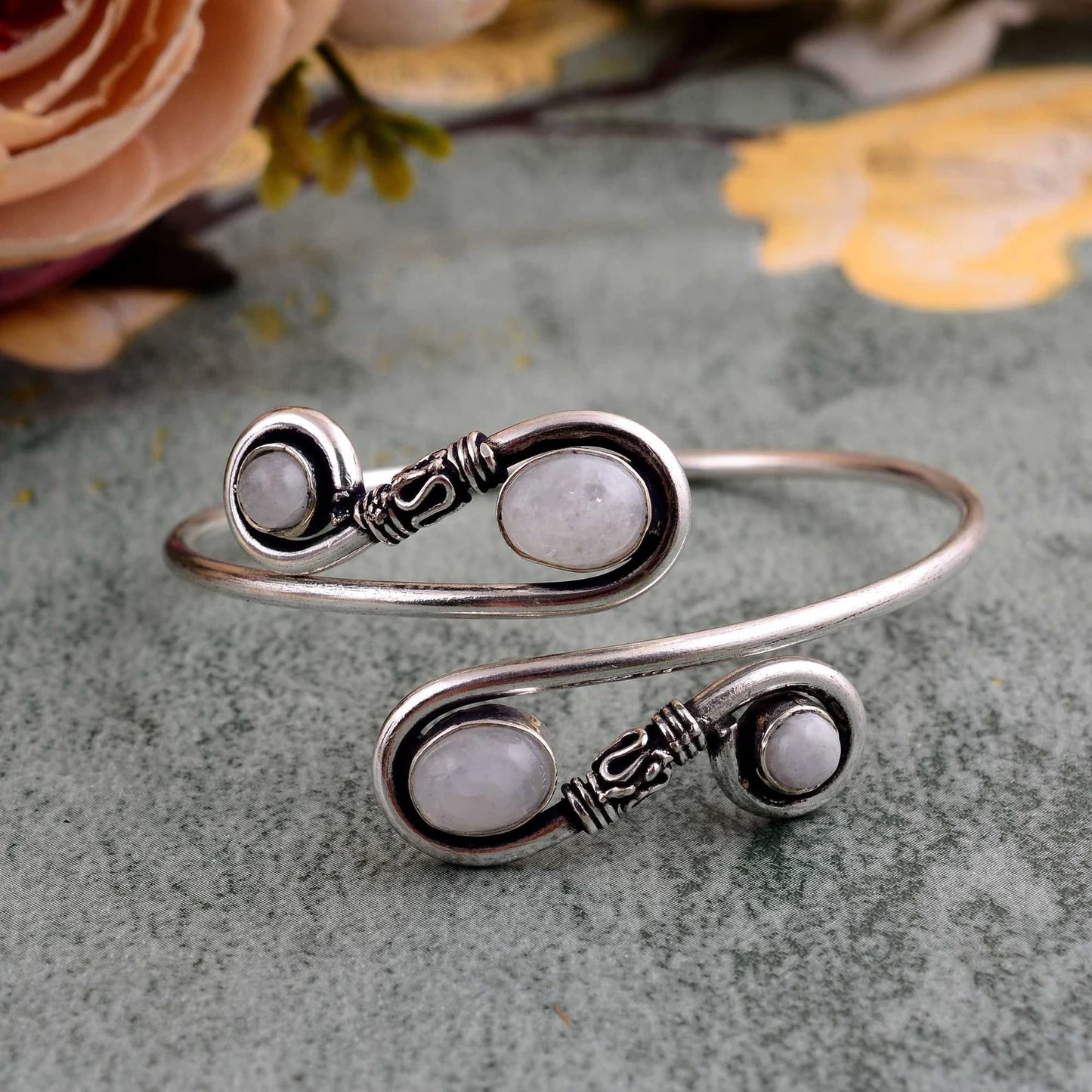 White Brass Bracelet with Quadruple Moonstone