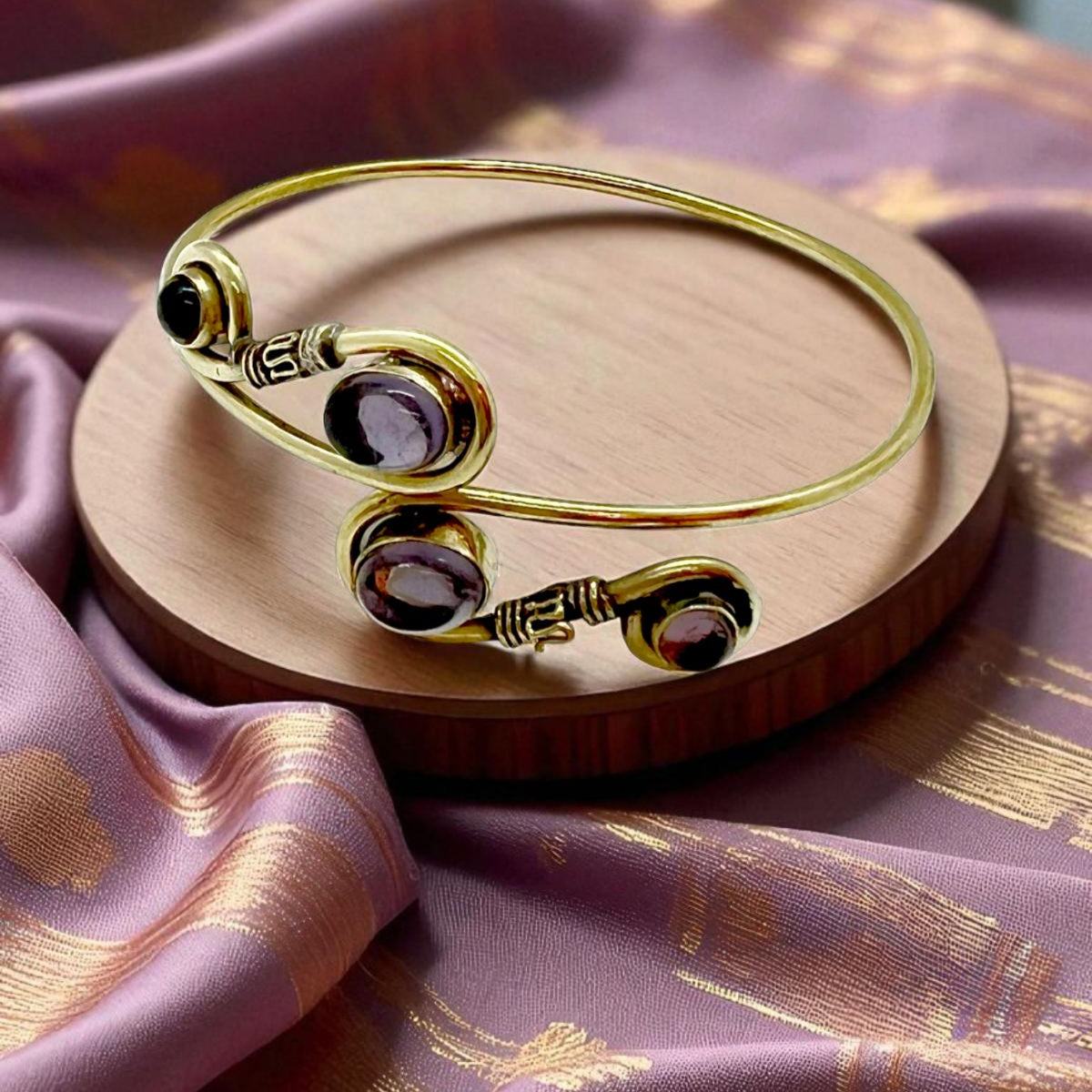 Brass Bracelet with Four Amethyst Stones