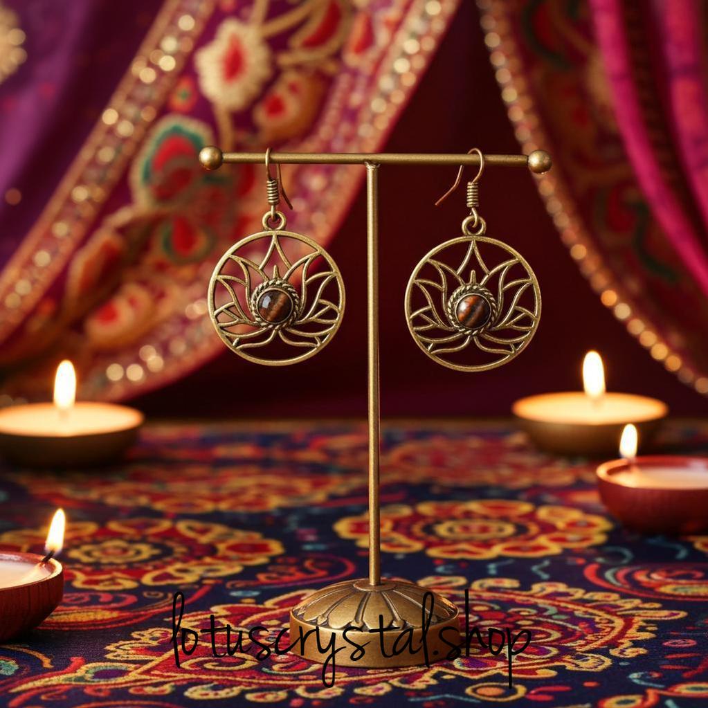 Σκουλαρίκια με Λωτό & Μάτι Τίγρη-Lotus Crystal