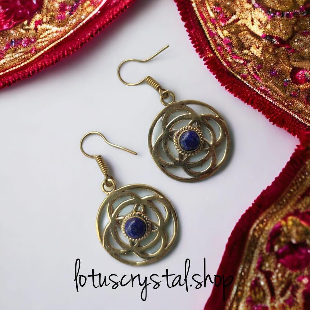 Χειροποίητα Σκουλαρίκια από Ορείχαλκο με Λάπις Λάζουλι-Lotus Crystal