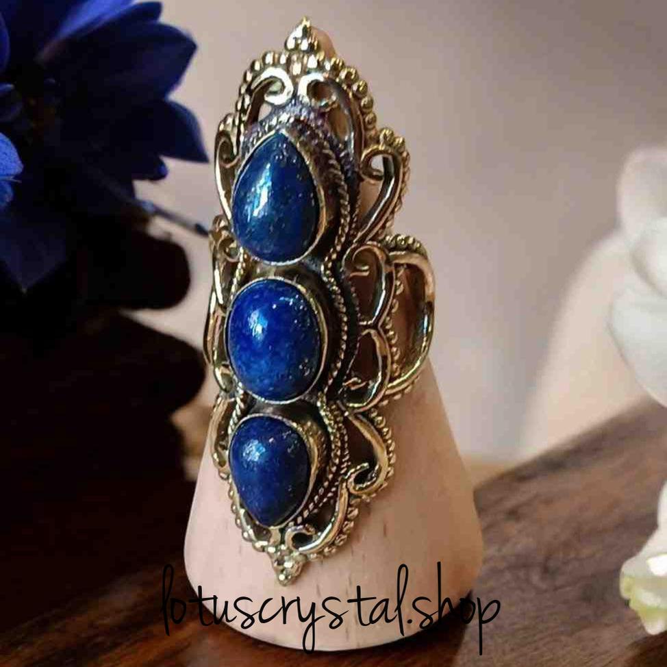 Χειροποίητο Vintage Δαχτυλίδι Ορείχαλκος με Τρεις Πέτρες Λάπις Λαζούλι-Lotus Crystal