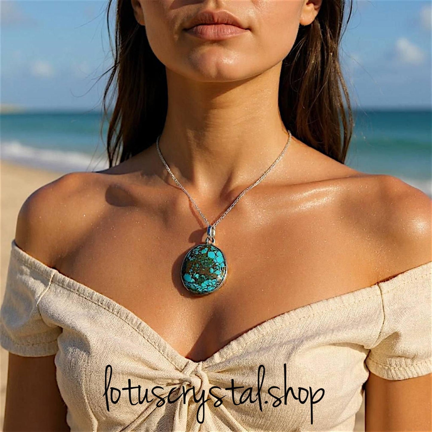 Χειροποίητο Ασημένιο Μενταγιόν με Θιβετιανό Τιρκουάζ-Lotus Crystal