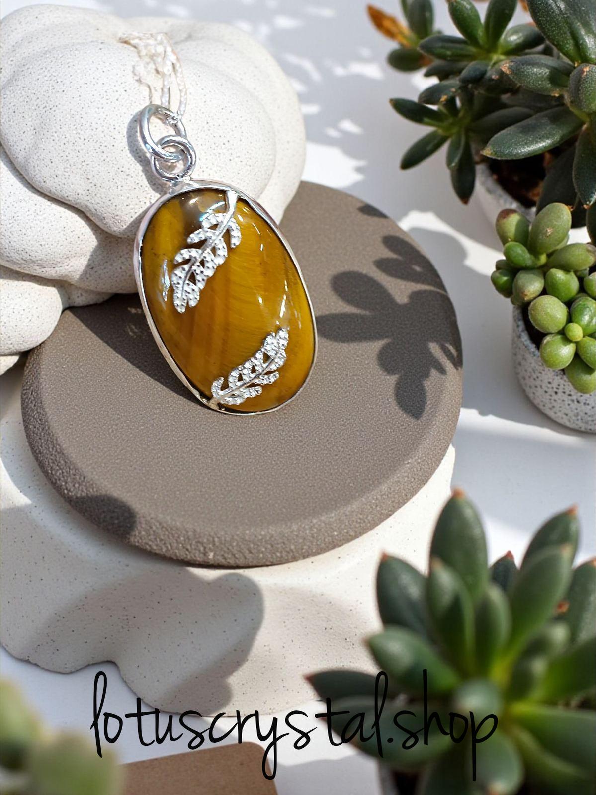 Χειροποίητο Μενταγιόν Μάτι Τίγρης Οβάλ με Μοτίβο Φύλλα-Lotus Crystal