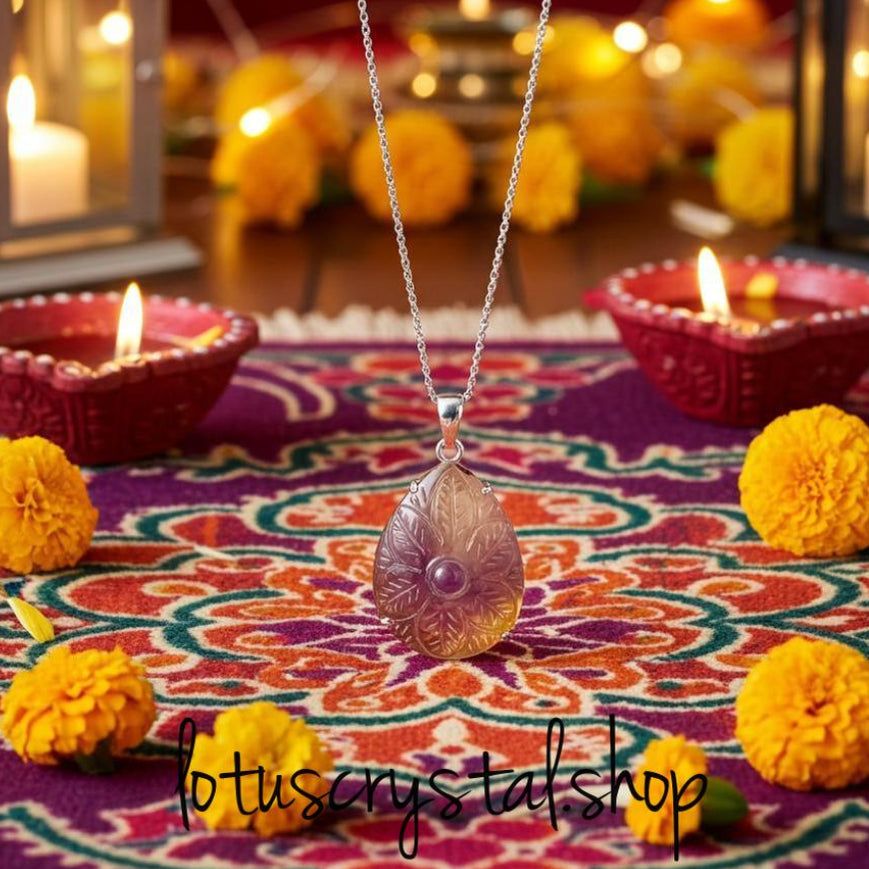 Χειροποίητο Σκαλιστό Μενταγιόν Ασήμι 925 με Φυσικό Αμέτρινη-Lotus Crystal