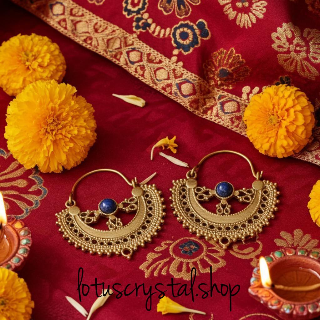 Χειροποίητα Ορειχάλκινα Σκουλαρίκια με Λάπις Λάζουλι – Ινδική Έμπνευση-Lotus Crystal