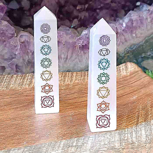 Selenite Tower with Chakra Symbols – Ideal for Energy Harmonization &amp; Cleansing