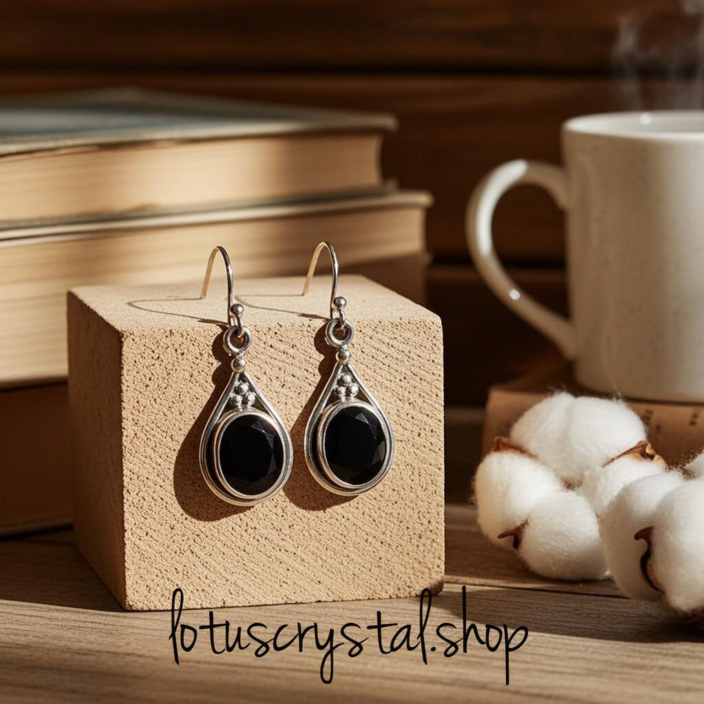 Χειροποίητα Σκουλαρίκια από Ασήμι 925 με Μαύρο Όνυχα-Lotus Crystal