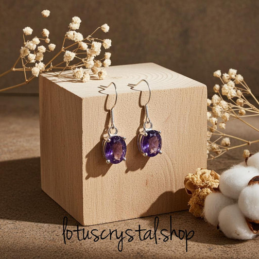 Σκουλαρίκια με Αμέθυστο Oval από Ασήμι 925 - Επιπλατινωμένα-Lotus Crystal