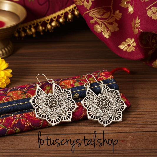 Σκουλαρίκια boho Μάνταλα Λευκός Ορείχαλκος-Lotus Crystal