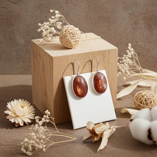 Silver 925 Sunstone Earrings-Ασημένια Σκουλαρίκια 925 Επιπλατινωμένα με Ηλιόπετρα