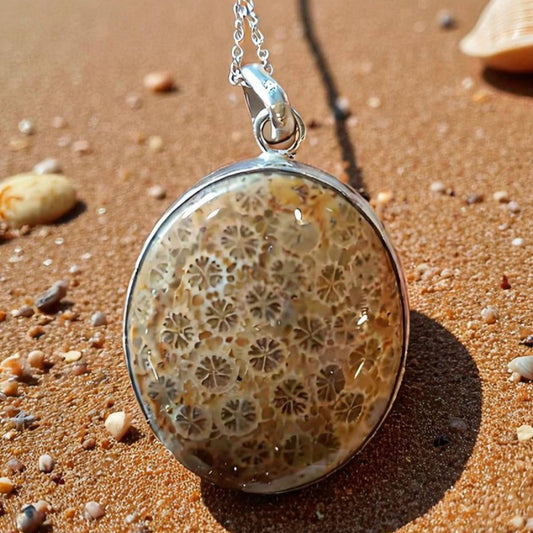 Handmade Silver Pendant with Fossil Coral 