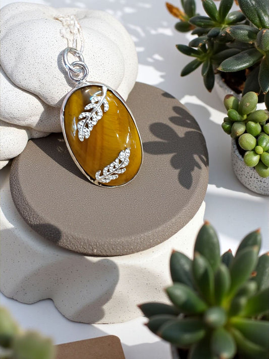 Handmade Oval Tiger's Eye Pendant with Leaf Pattern