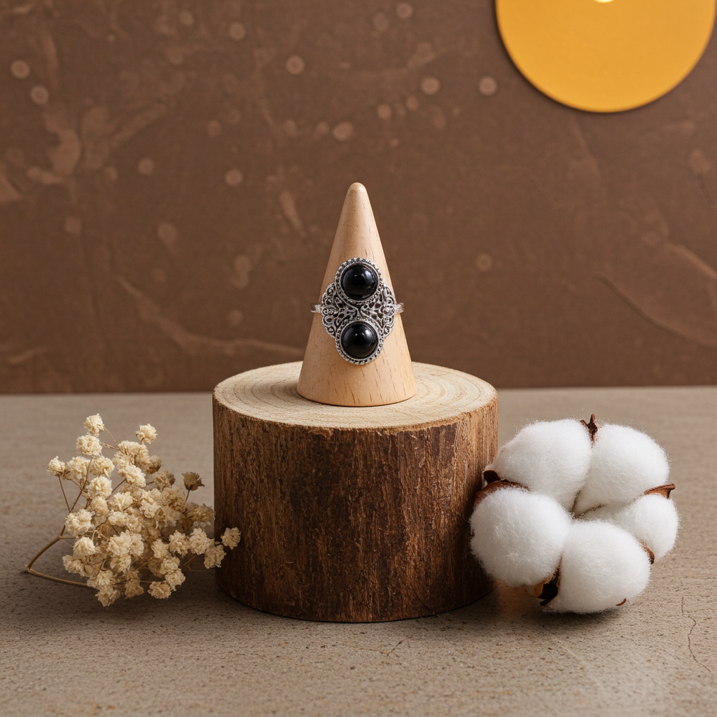 Vintage Δαχτυλίδι  με Τρεις Πέτρες Μαύρου Όνυχα