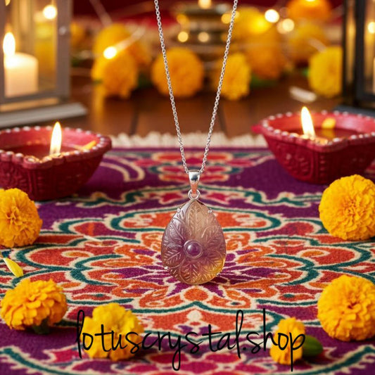 Χειροποίητο Σκαλιστό Μενταγιόν Ασήμι 925 με Φυσικό Αμέτρινη-Lotus Crystal