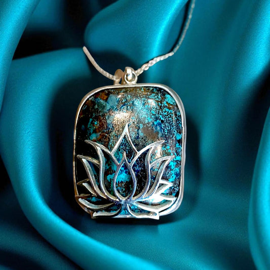 Handmade Silver Azurite Pendant with Lotus Design