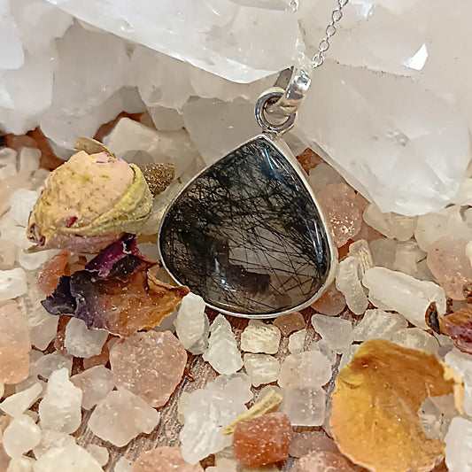 Handmade Quartz Pendant with Black Rutile – Teardrop