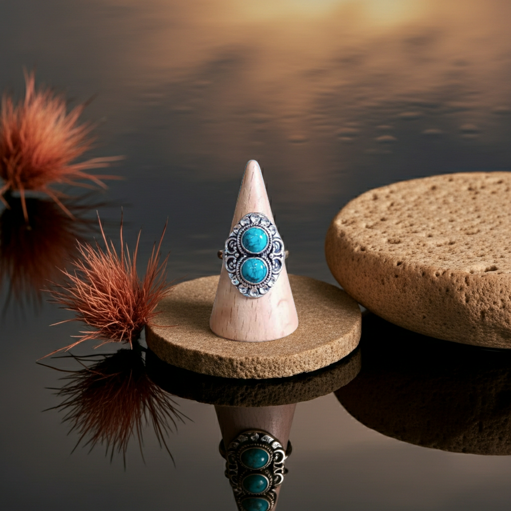 Δαχτυλίδι με Διπλή Πέτρα Τιρκουάζ