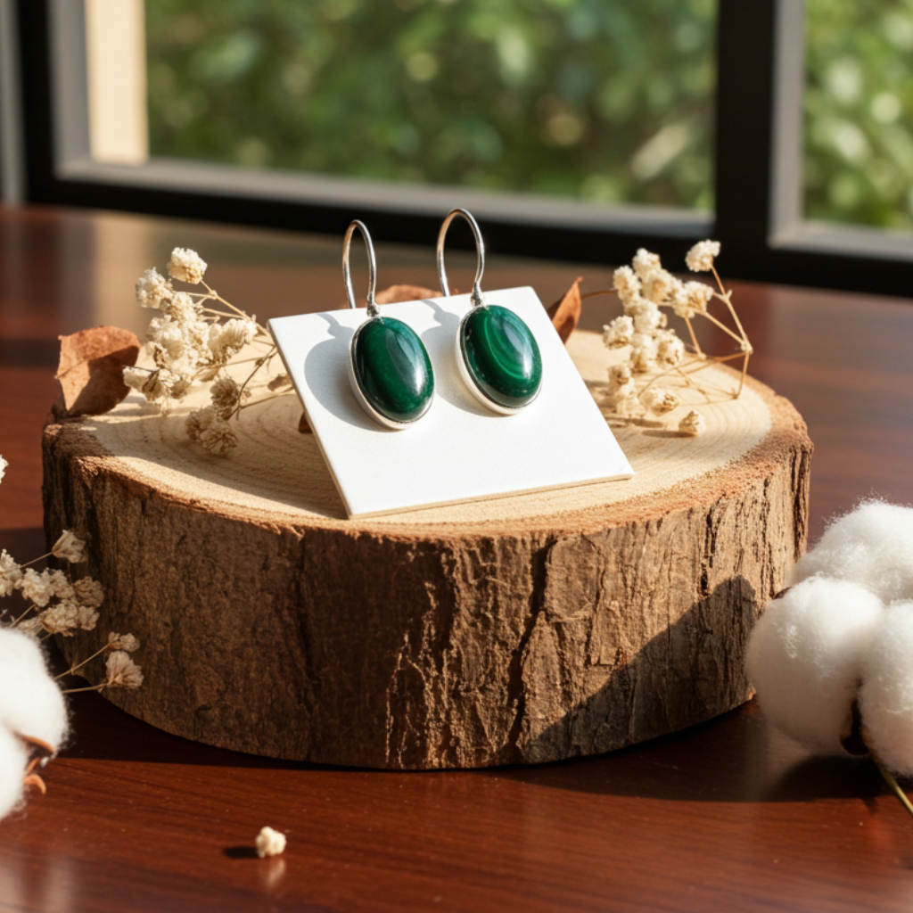 Silver 925 Earrings with Malachite platinum plated  -Ασημένια Σκουλαρίκια 925 Επιπλατινωμένα με Μαλαχίτη