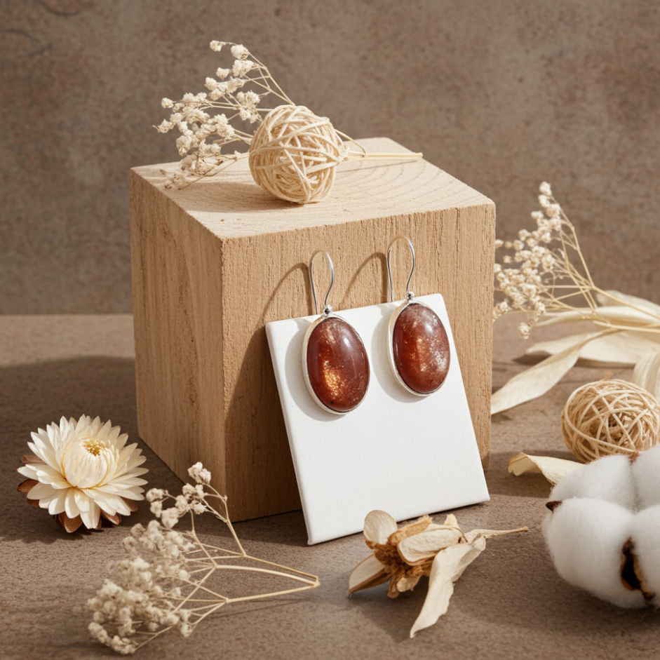 Silver 925 Sunstone  Earrings-Ασημένια Σκουλαρίκια 925 Επιπλατινωμένα με Ηλιόπετρα