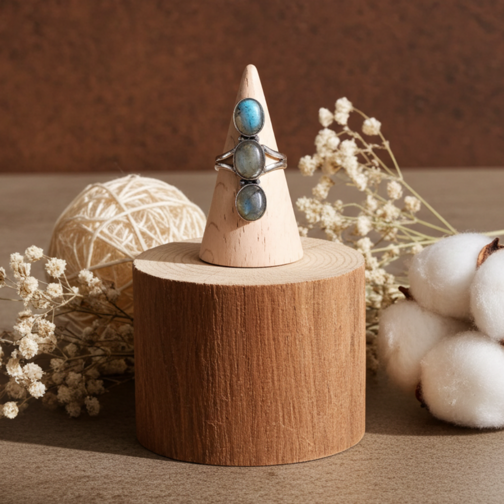 Δαχτυλίδι με Τριπλή Πέτρα Λαβραδορίτη Μίνιμαλ