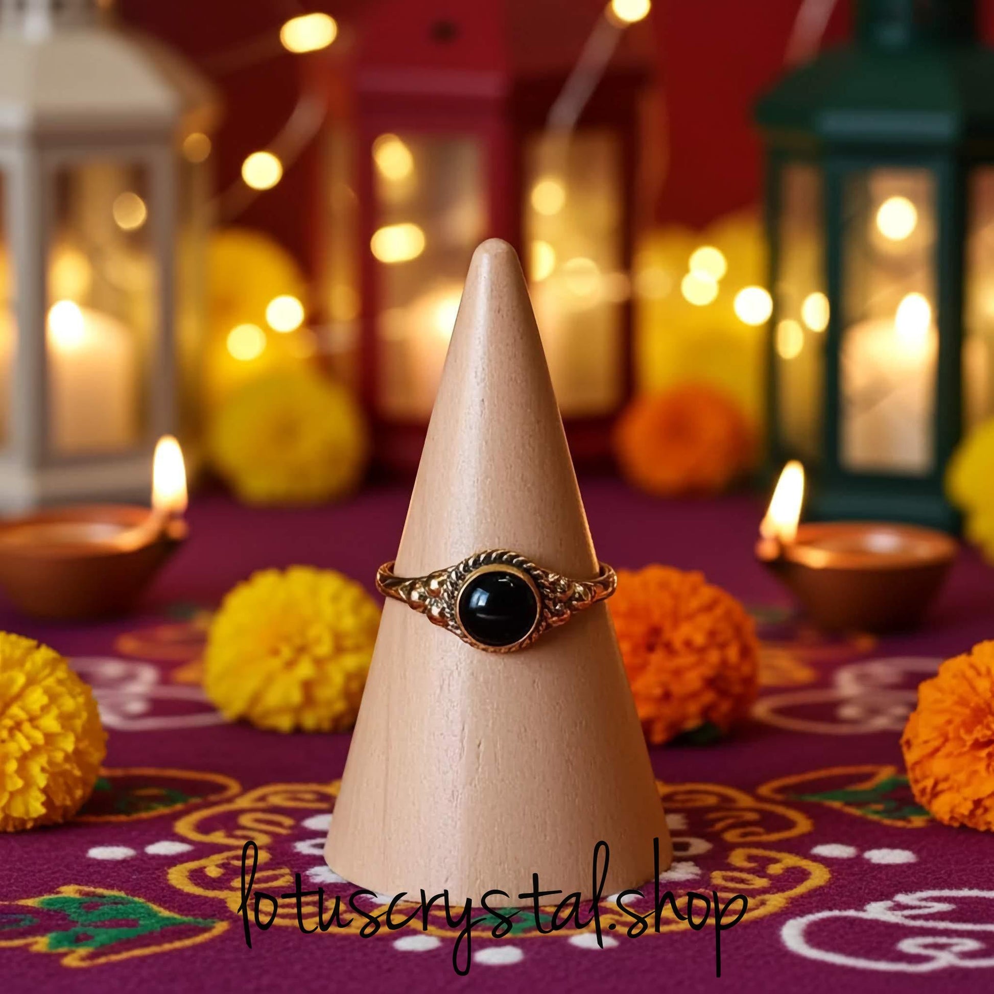 Χειροποίητο Δαχτυλίδι Ορείχαλκος με Μαύρο Όνυχα-Lotus Crystal