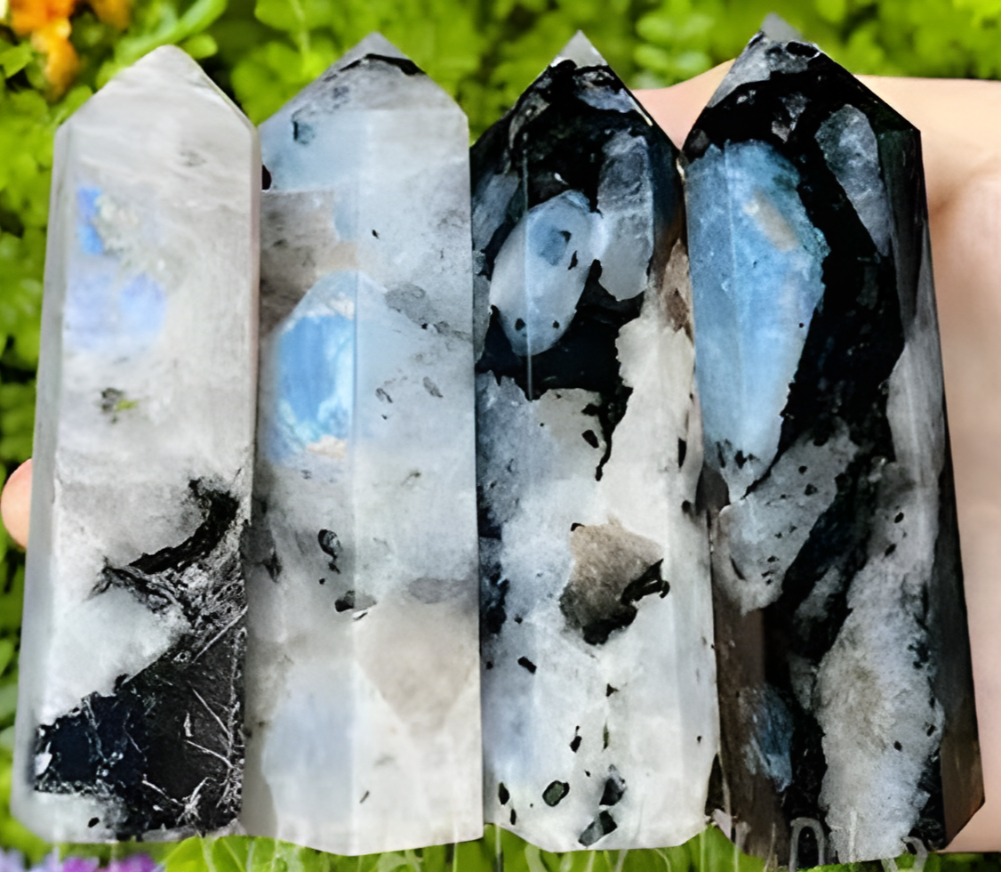 Rainbow Moonstone with Tourmaline Point (Obelisk)