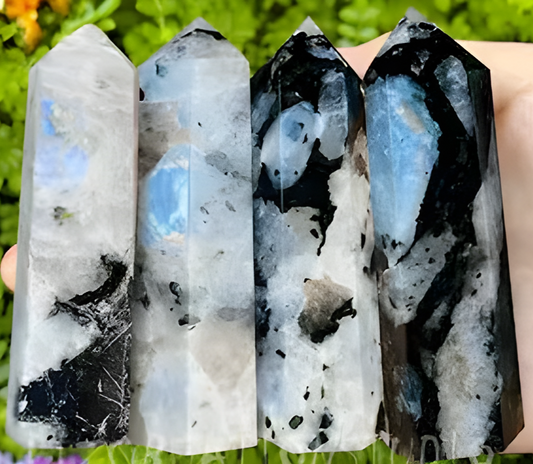 Rainbow Moonstone with Tourmaline Point (Obelisk)