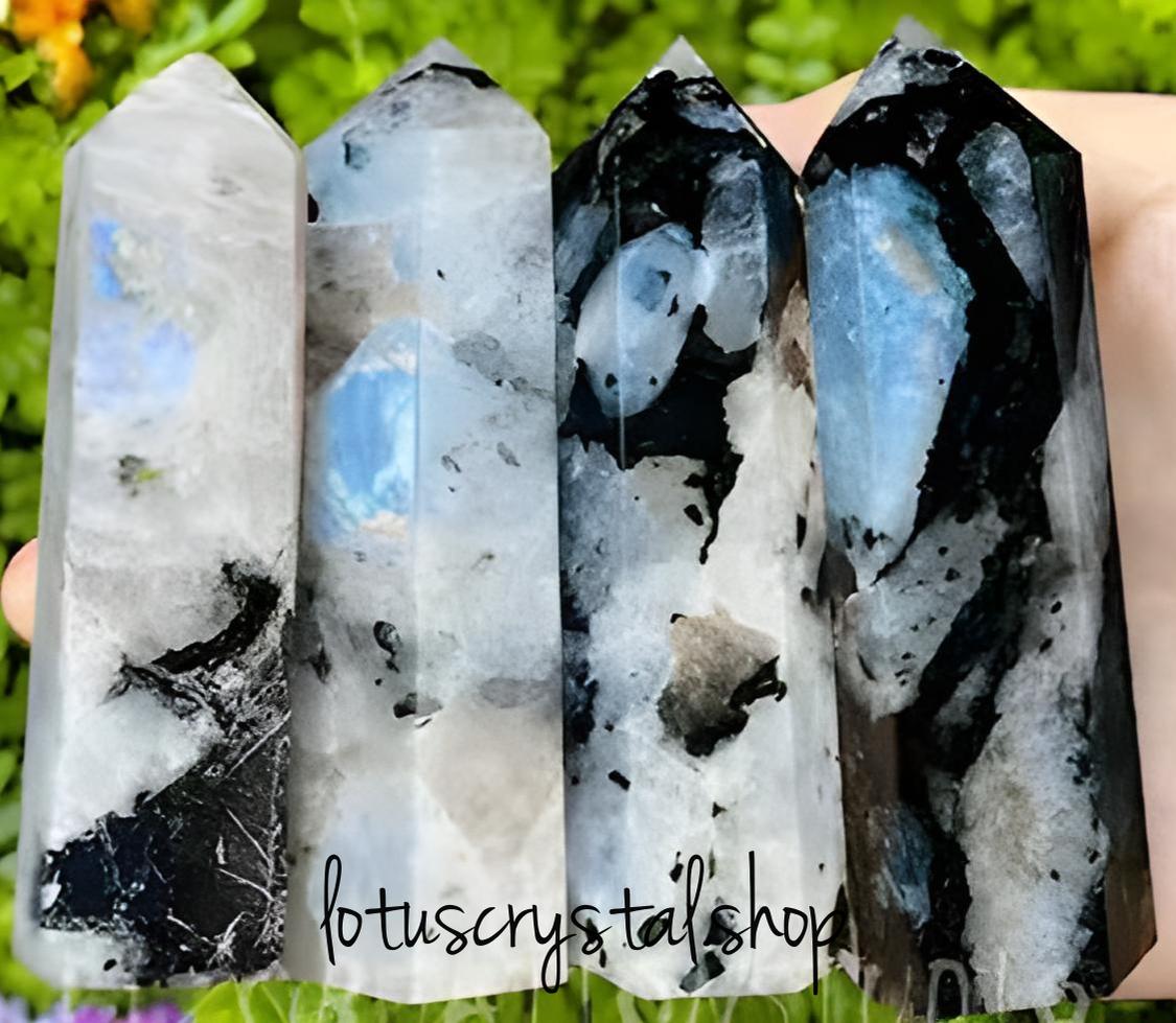 Rainbow Moonstone με Τουρμαλίνη Point (Οβελίσκος)-Lotus Crystal