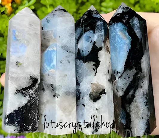 Rainbow Moonstone με Τουρμαλίνη Point (Οβελίσκος)-Lotus Crystal