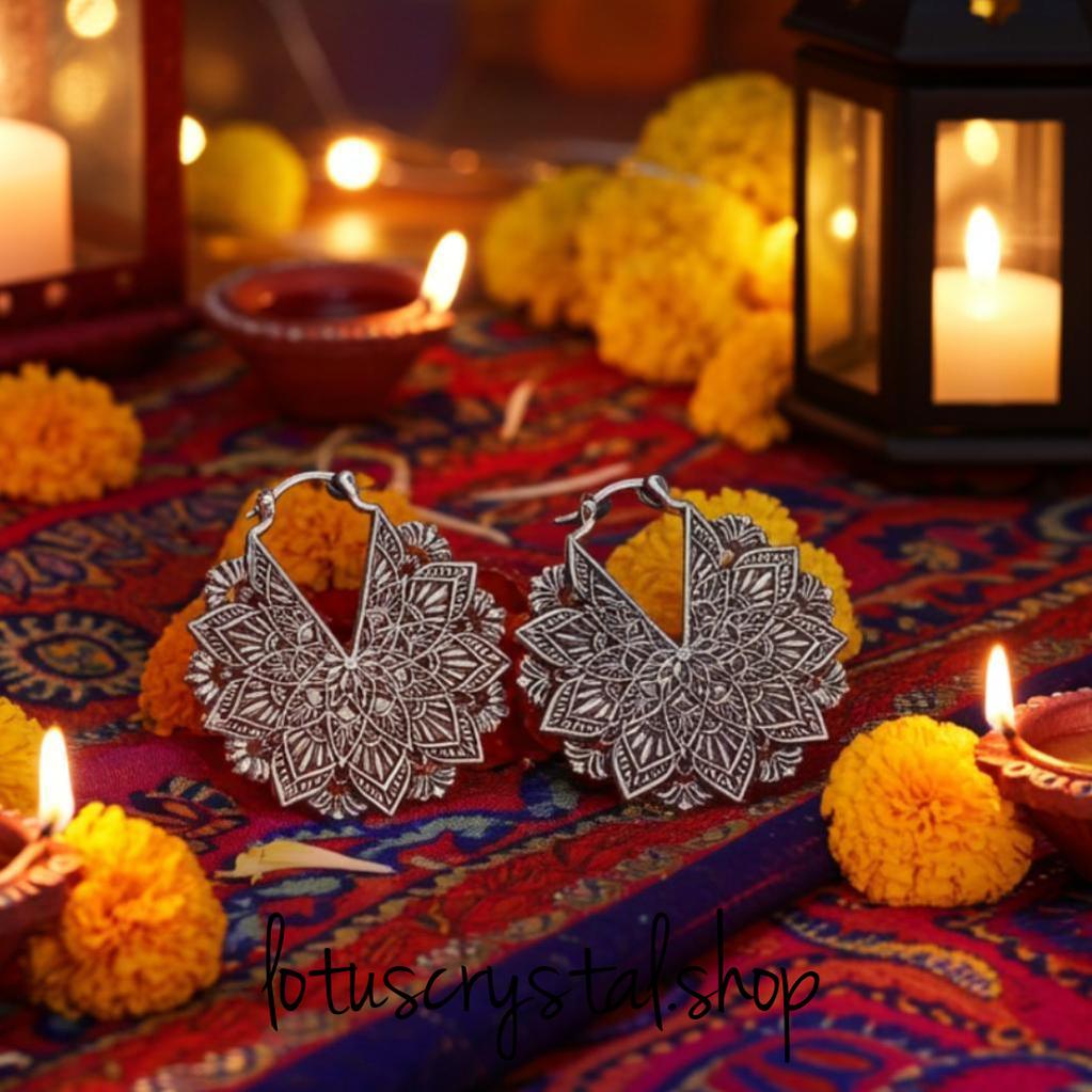 Σκουλαρίκια από Λευκό Ορείχαλκο -Μάνταλα Σχέδιο-Lotus Crystal