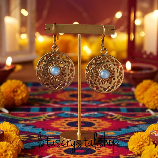 Σκουλαρίκια από Ορείχαλκο με Φεγγαρόπετρα – Γεωμετρικό Σχέδιο-Lotus Crystal