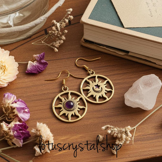 Sun & Moon Σκουλαρίκια με Aμέθυστο-Lotus Crystal