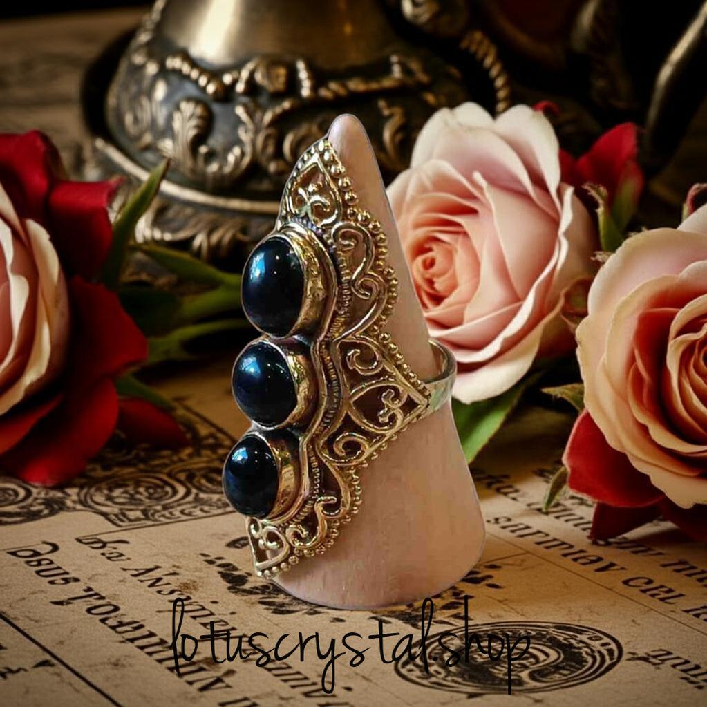 Vintage Δαχτυλίδι με Τρεις Πέτρες Μαύρου Όνυχα-Lotus Crystal
